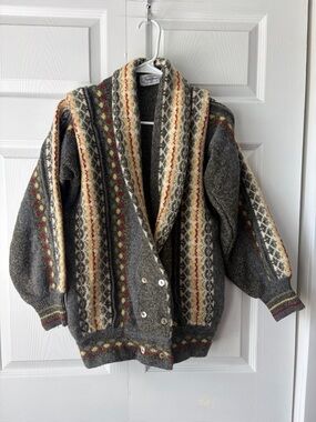 Cozy Gray Wool-Blend Fair Isle Cardigan Sweater
